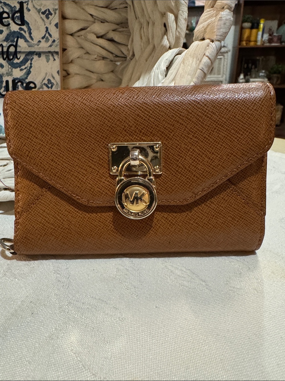 Michael Kors Tan Saffiano Leather Wallet Crossbody with Gold Hardware